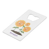 Mooie zonnebloemen die cartoon glimlachen kredietkaart flessenopener (Voorkant Gekanteld)