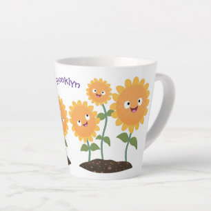 Mooie zonnebloemen die cartoon glimlachen latte mok
