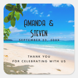 Mooie zonnige tropische strand foto bruiloft vierkante sticker