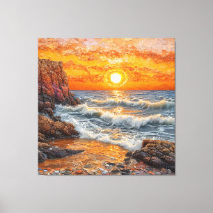 Mooie zonsondergang boven de oceaan met golven canvas afdruk