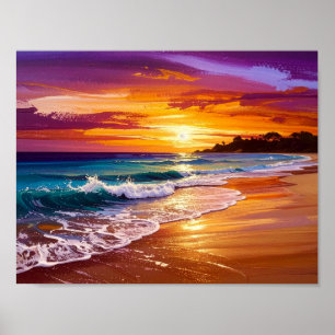 Mooie Zonsondergang Oceaan Strand Wandel Landschap Poster