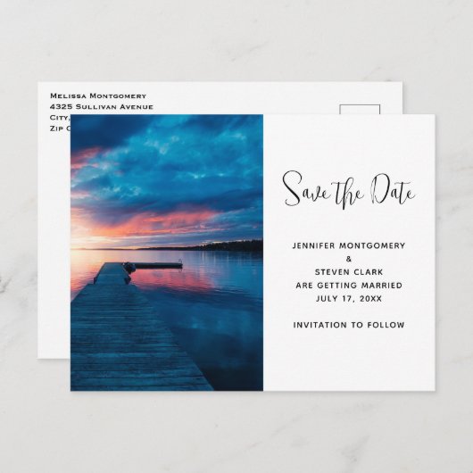 Mooie zonsondergang op een Calm Lake Save the Date Uitnodiging Briefkaart (Voorkant / Achterkant)