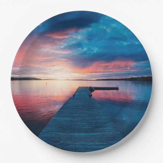 Mooie zonsondergang op een rustig meer papieren bordje (Voorkant)