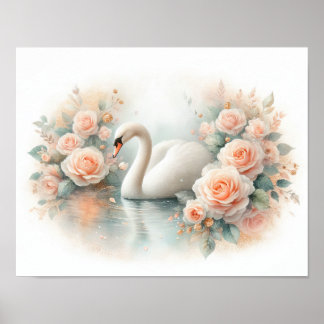 Mooie Zwaan & Rozen Schilderij Poster