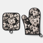 Mooie zwart en licht sepia toon bloemen ovenwant & pannenlap set (Voorkant)