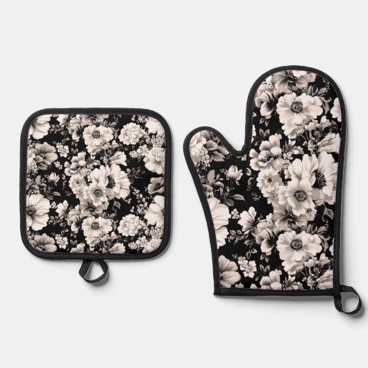 Mooie zwart en licht sepia toon bloemen ovenwant & pannenlap set (Voorkant)