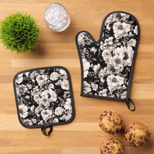 Mooie zwart en licht sepia toon bloemen ovenwant & pannenlap set (Top down)