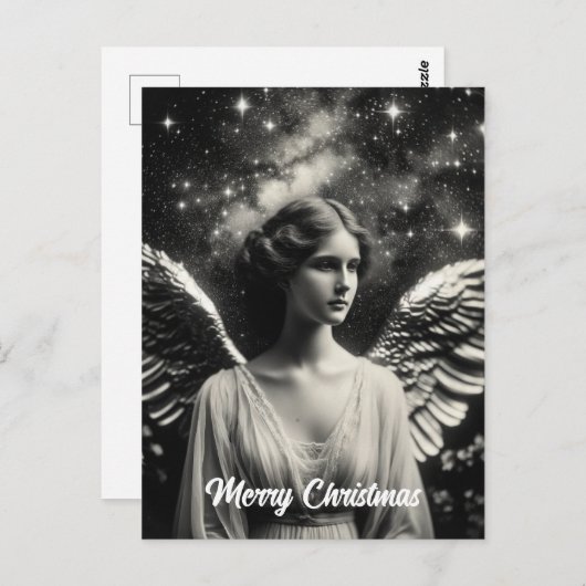 Mooie zwart-witte engel kerst briefkaart (Voorkant / Achterkant)