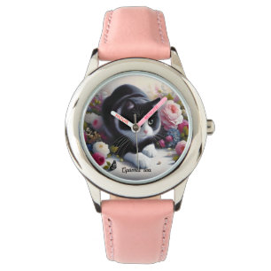 Mooie zwart-witte kat en bloemen horloge
