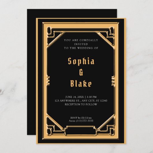 Mooie zwarte en goudkleurige deco-bruiloft kaart (Voorkant / Achterkant)