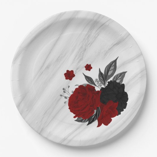 Mooie zwarte en rode bloemen marmer papieren bordje (Voorkant)