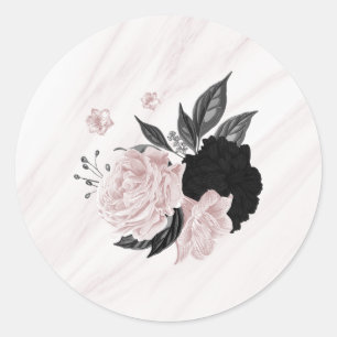 Mooie zwarte en roze bloemen marmer ronde sticker