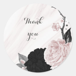 Mooie zwarte en roze bloemen marmer ronde sticker