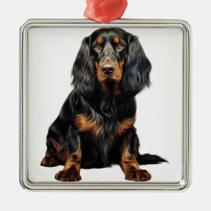 MOOIE ZWARTE EN TAN GORDON SETTER HOND METALEN ORNAMENT