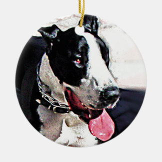 Mooie zwarte en witte hond keramisch ornament