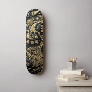Mooie Zwarte & Gouden Bloem en Kralen Abstract Skateboard