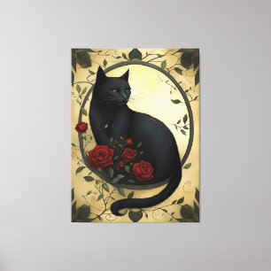 Mooie zwarte kat en rode rozen canvas afdruk