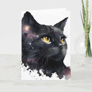 Mooie Zwarte Kosmische Aquarel Kat Kaart