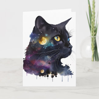 Mooie Zwarte Kosmische Aquarel Ruimtekat Kaart