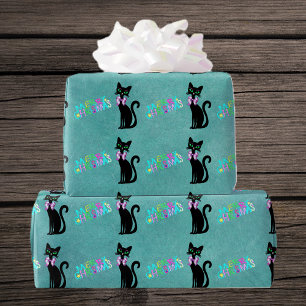 Mooie Zwarte Mid Century Kat Roze Strik Kerstmis Cadeaupapier
