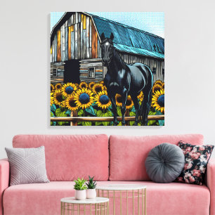 Mooie zwarte paard en rustieke schuur met zonneblo canvas afdruk