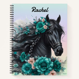 Mooie Zwarte Paard met Turkooizen Bloemen Notitieboek
