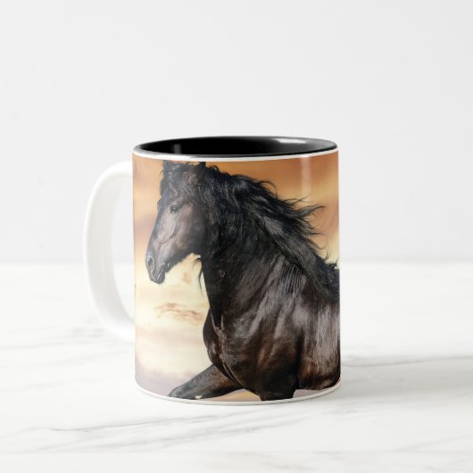 Mooie zwarte paard tweekleurige koffiemok (Voorkant links)