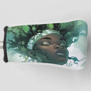 Mooie Zwarte Vrouw Drijvend in Water w / Planten Golfheadcover