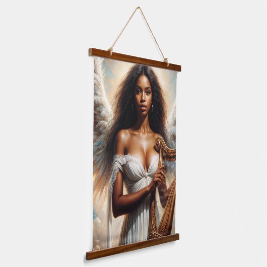Mooie zwarte vrouw engel met harp hangend wandkleed (Gebogen)