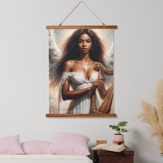 Mooie zwarte vrouw engel met harp hangend wandkleed (Slaapkamer)
