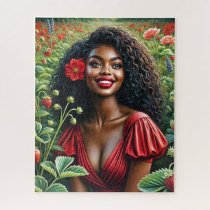 Mooie zwarte vrouw in rode aardbeienkunst legpuzzel