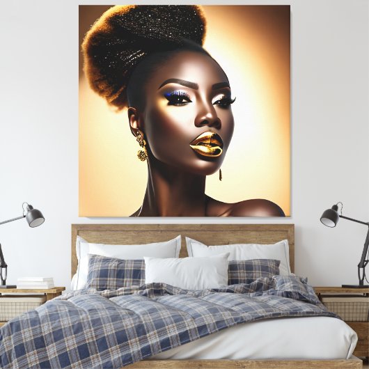 Mooie zwarte vrouw met gouden hooglichten canvas afdruk (Insitu (Slaapkamer))