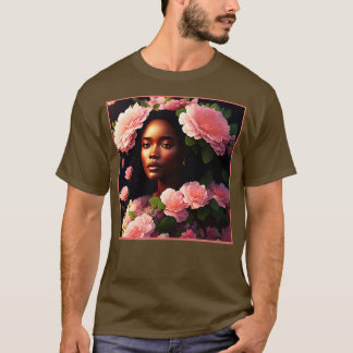 Mooie zwarte vrouw met roze bloemen t-shirt