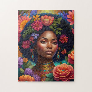 Mooie zwarte vrouw omringd door bloemen legpuzzel