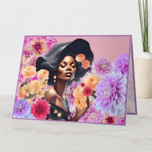 MOOIE ZWARTE VROUW ROZE BLOEMEN VLINDERS  KAART