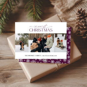 Mooiste Kerstmis Elegante Streep 3 Foto's Pruim Feestdagenkaart
