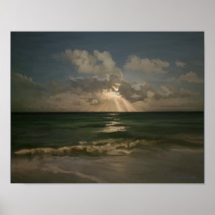 Moon achter wolken over oceaan met golven canvas p poster