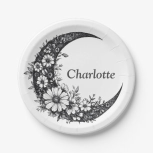 Moon and Flowers Art met naam Papieren Bordje