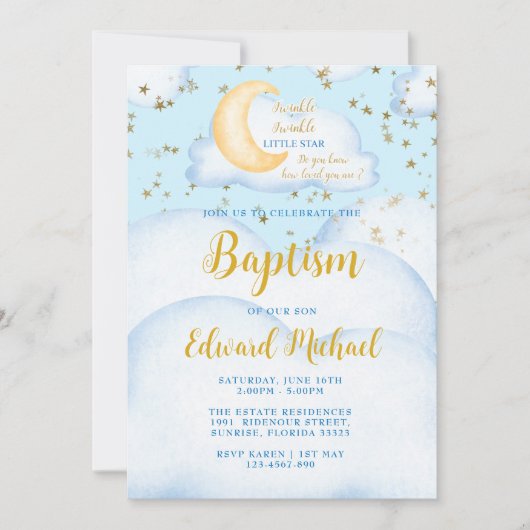 Moon and Stars Baby Boy Baptisme Kaart (Voorkant)