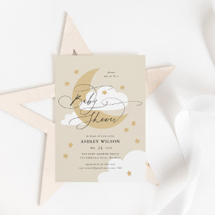 Moon and Stars Beige Elegant Script Baby shower Kaart