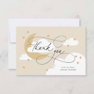Moon and Stars Beige Gold Script Baby shower Bedankkaart
