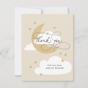 Moon and Stars Beige Gold Script Baby shower Bedankkaart