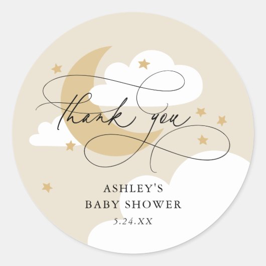 Moon and Stars Beige Script Baby shower Hartelijk  Ronde Sticker (Voorkant)
