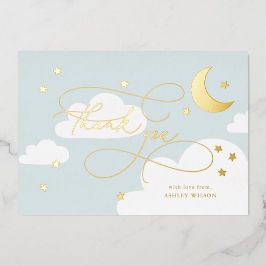 Moon and Stars Blue Script Baby Hartelijk dank Folie Uitnodiging (Voorkant)