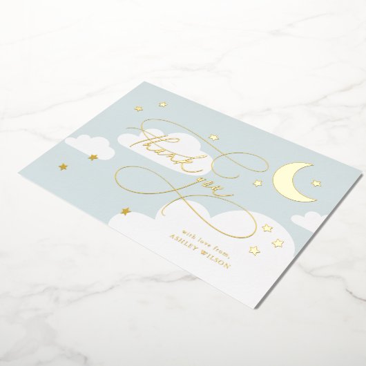 Moon and Stars Blue Script Baby Hartelijk dank Folie Uitnodiging (Gedraaid)