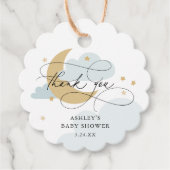 Moon and Stars Blue Script Baby shower Bedankt Bedankjes Labels (Voorkant)