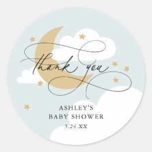 Moon and Stars Blue Script Baby shower Bedankt Ronde Sticker
