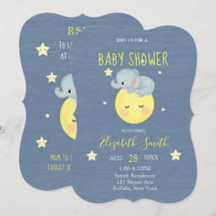Moon and Stars Cute Elephant Blue Baby Shower Kaart