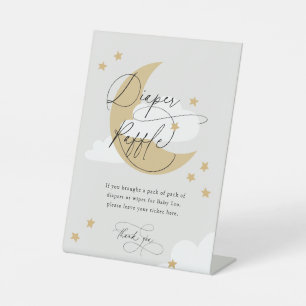 Moon and Stars Diaper Raffle Sign Grey Gold Reclamebord Met Voetstuk