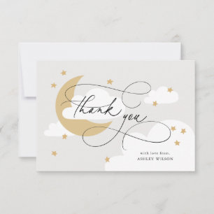 Moon and Stars Grey Gold Script Baby shower Bedankkaart